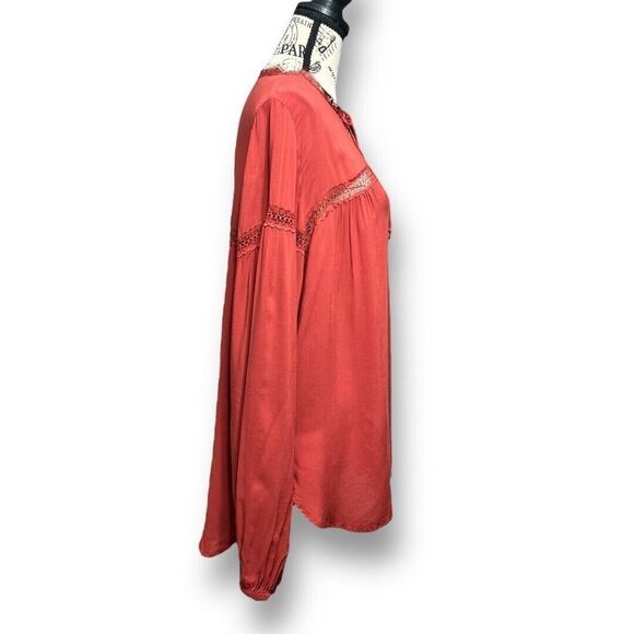 Express M Boho Blouse Maroon Peasant Top Lace Detail Long Sleeve Flowy Romantic - Picture 3 of 6